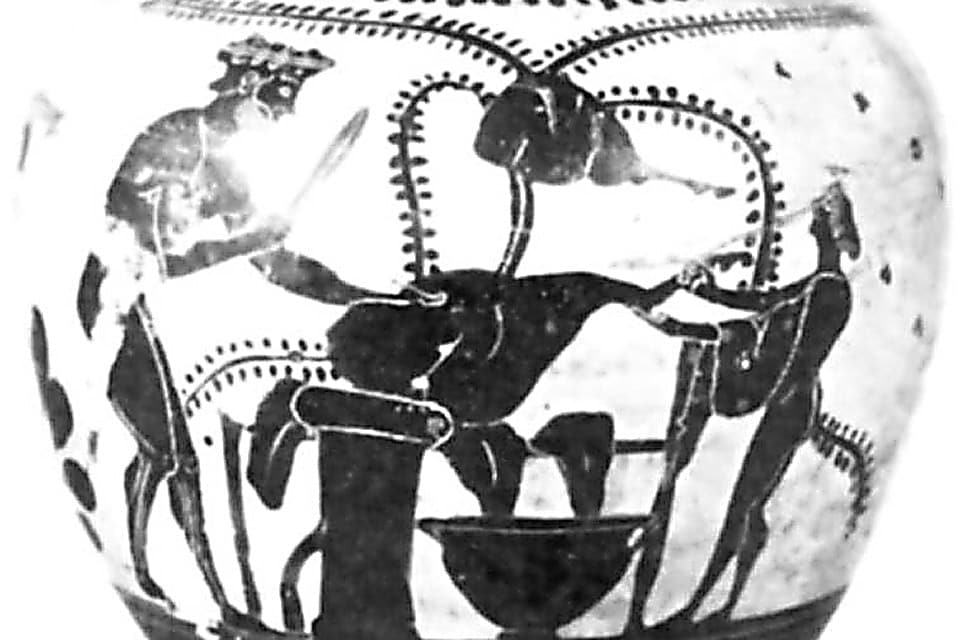 Ancient Greek vase decoration depicting meat slicing and preparation